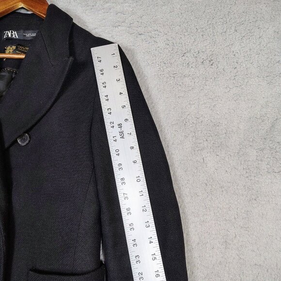 Zara Manteco Trench Coat Women's Medium Black Wool Double Breasted Long Peacoat - Picture 10 of 13